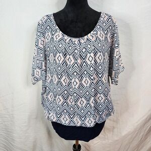 AB STUDIO Size XL Chiffon Tribal Print Pink Navy Blouson Dolman Sleeve Blouse